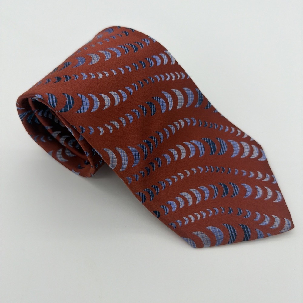 Bugatchi Designer 100% Silk‎ Orange Blue Moon Pattern Tie Made in Italy Luxury